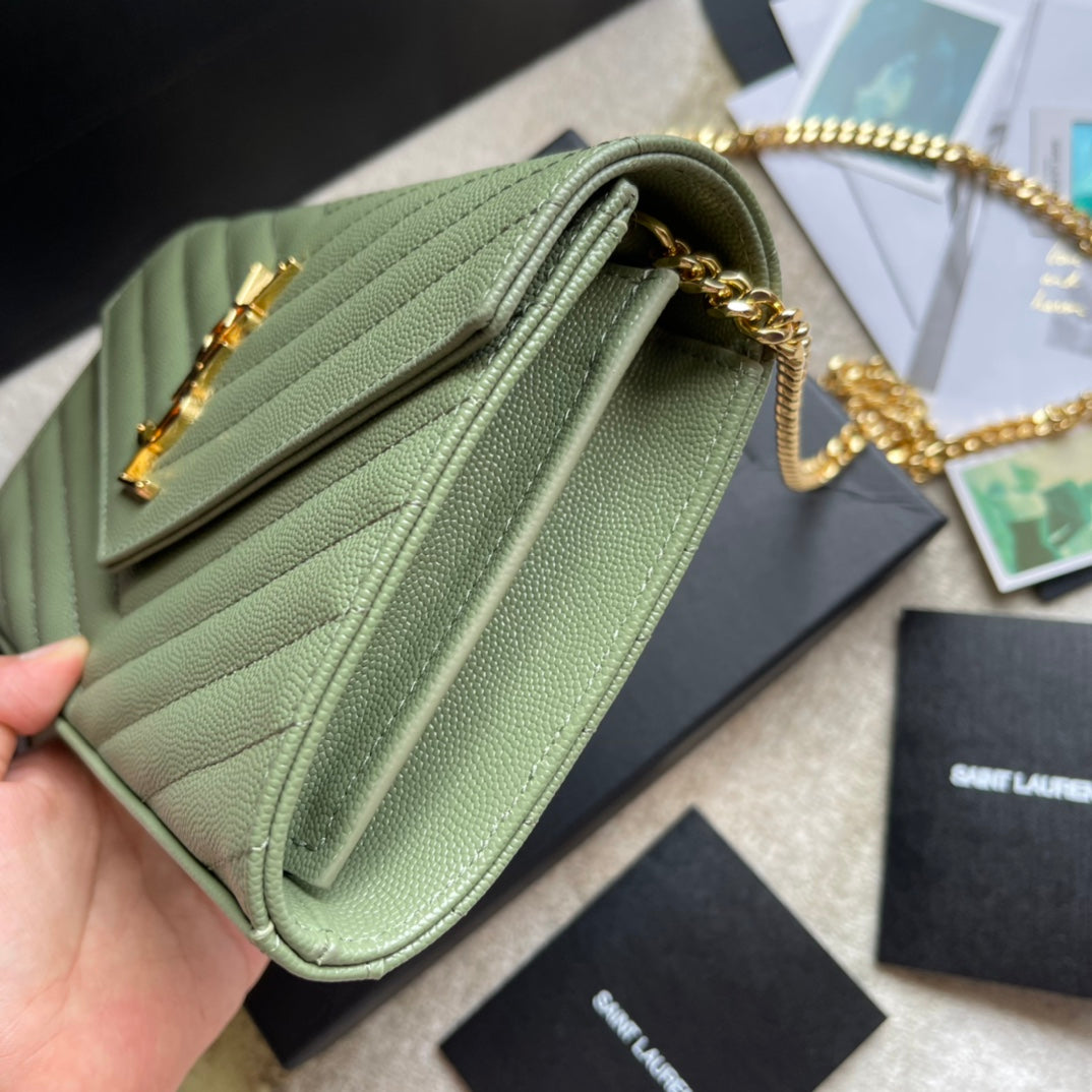 Saint Laurent Cassandre Matelassé Chain Wallet in Sage Green Leather