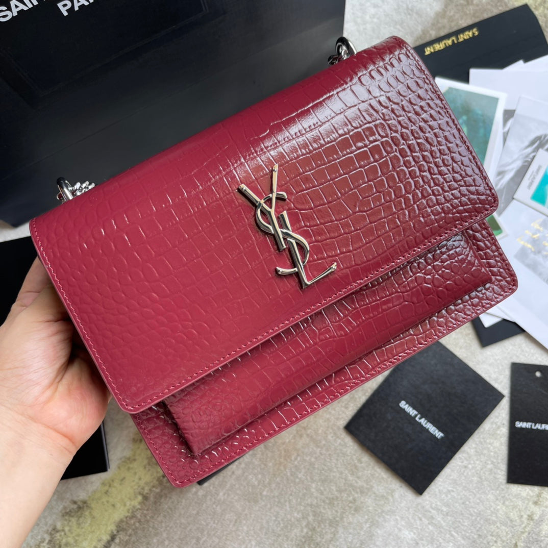 Saint Laurent Sunset Medium Crocodile-Embossed Leather Shoulder Bag - Red