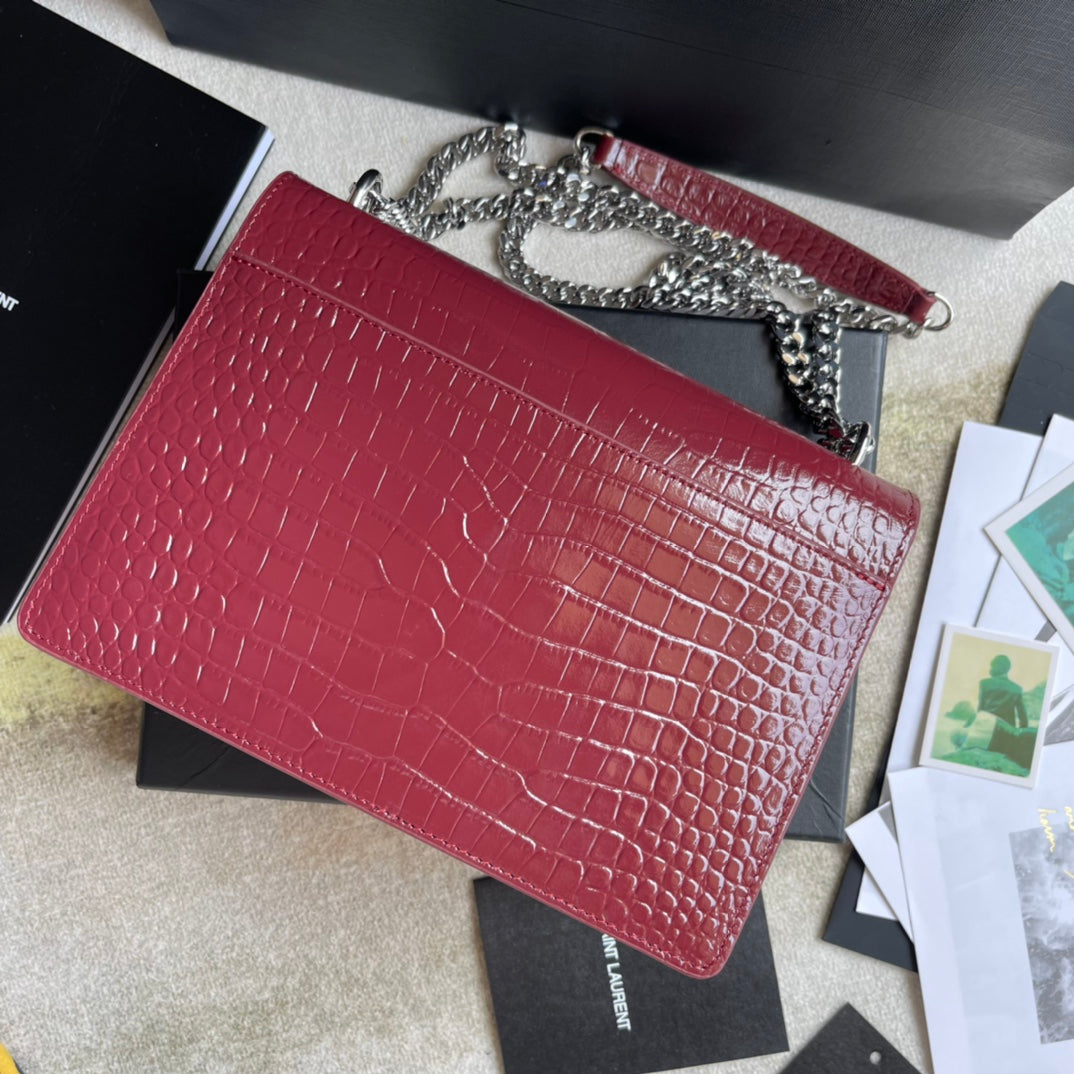 Saint Laurent Sunset Medium Crocodile-Embossed Leather Shoulder Bag - Red