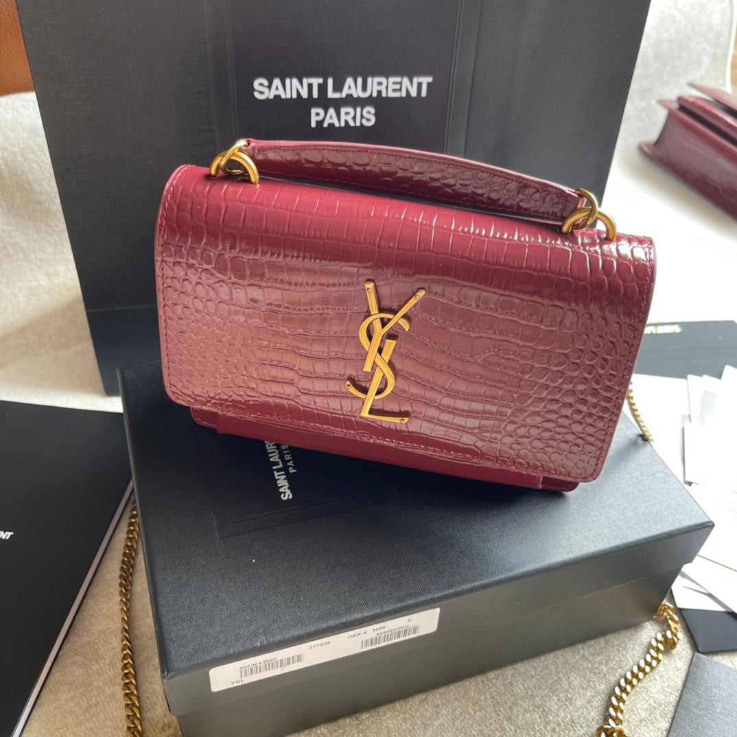 Saint Laurent Sunset Medium Shoulder Bag in Crocodile-Embossed Leather - Dark Red