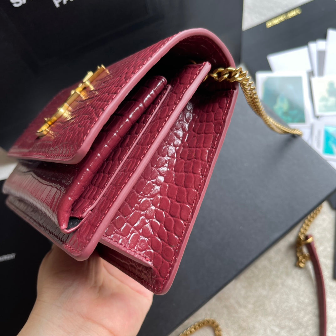 Saint Laurent Sunset Medium Shoulder Bag in Crocodile-Embossed Leather - Dark Red