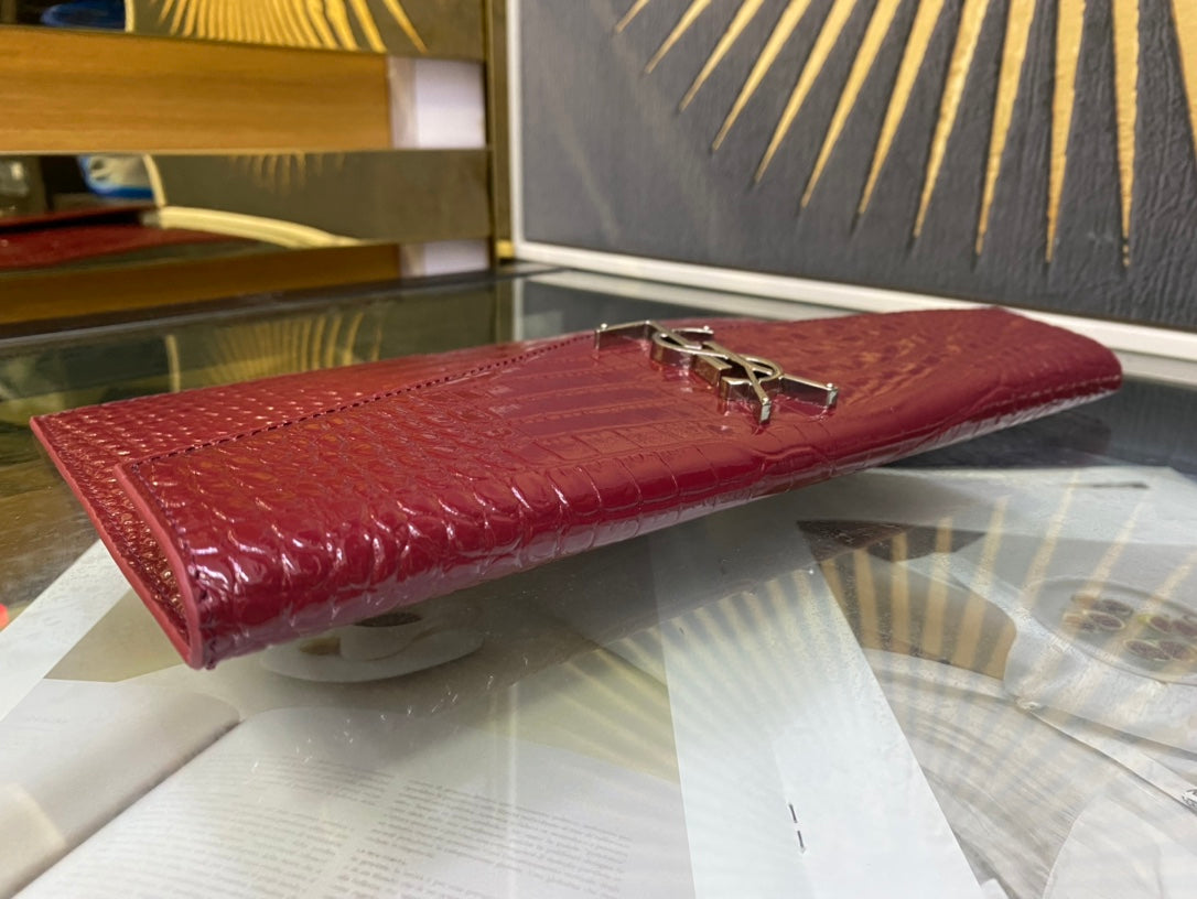 Saint Laurent Uptown Crocodile-Embossed Leather Clutch - Burgundy