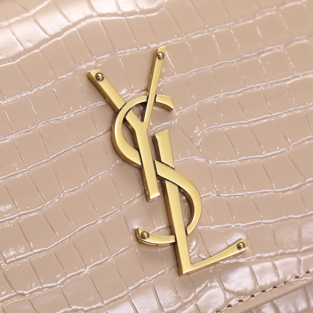 Saint Laurent Sunset Small Bag in Crocodile-Embossed Leather - Beige Gold Chain