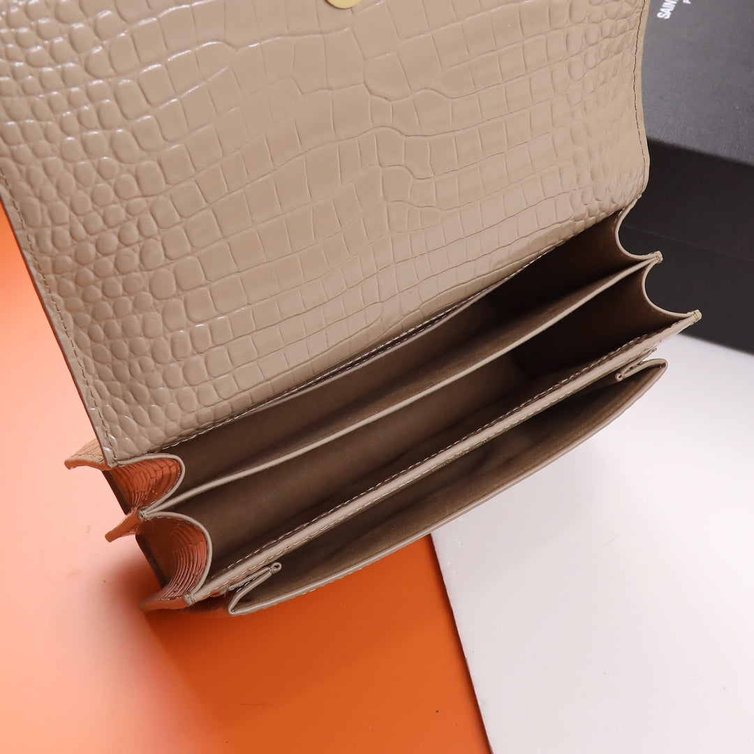 Saint Laurent Sunset Small Bag in Crocodile-Embossed Leather - Beige Gold Chain