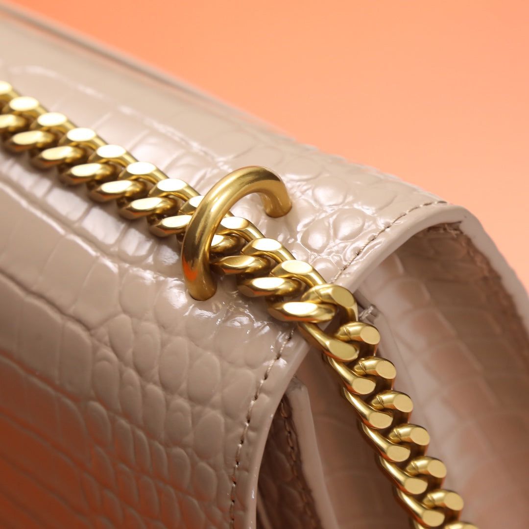 Saint Laurent Sunset Small Bag in Crocodile-Embossed Leather - Beige Gold Chain