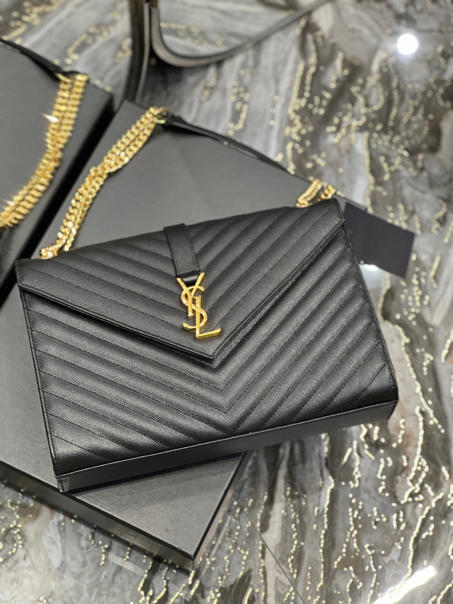 Saint Laurent Monogram Medium Envelope Bag in Black Quilted Leather with Gold Hardware