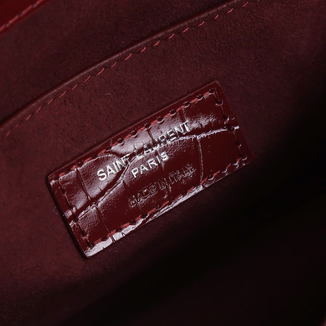 Saint Laurent Sunset Small Shoulder Bag in Burgundy Croc-Embossed Leather