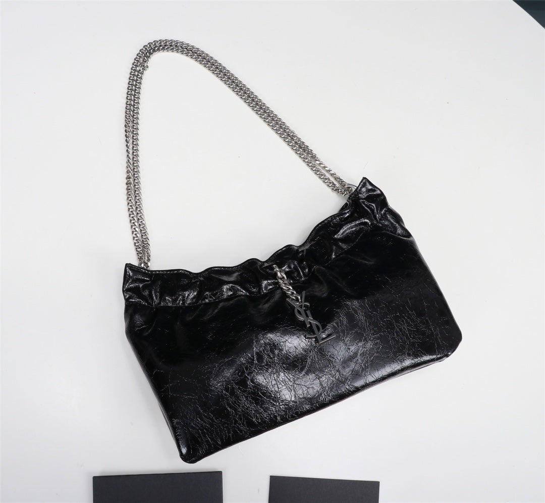 Saint Laurent June Hobo Bag in Quilted Black Lambskin with Silver-Tone Chain
