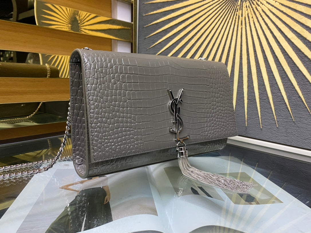 Saint Laurent Kate Medium Tassel Shoulder Bag in Grey Croc-Embossed Leather