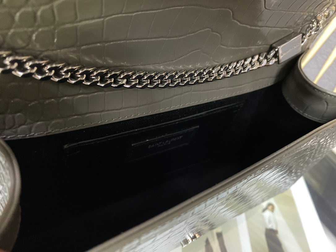 Saint Laurent Kate Medium Tassel Shoulder Bag in Grey Croc-Embossed Leather