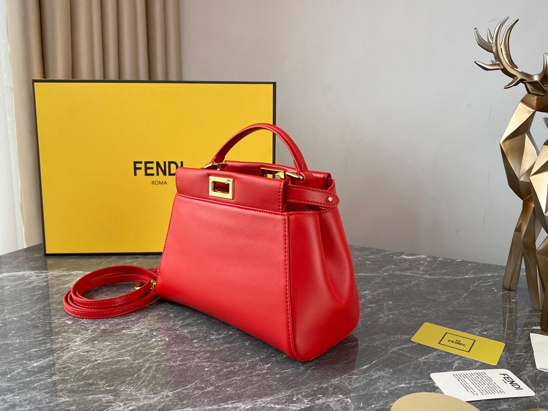 Fendi Peekaboo ISeeU Red Leather Top Handle Bag with Shoulder Strap
