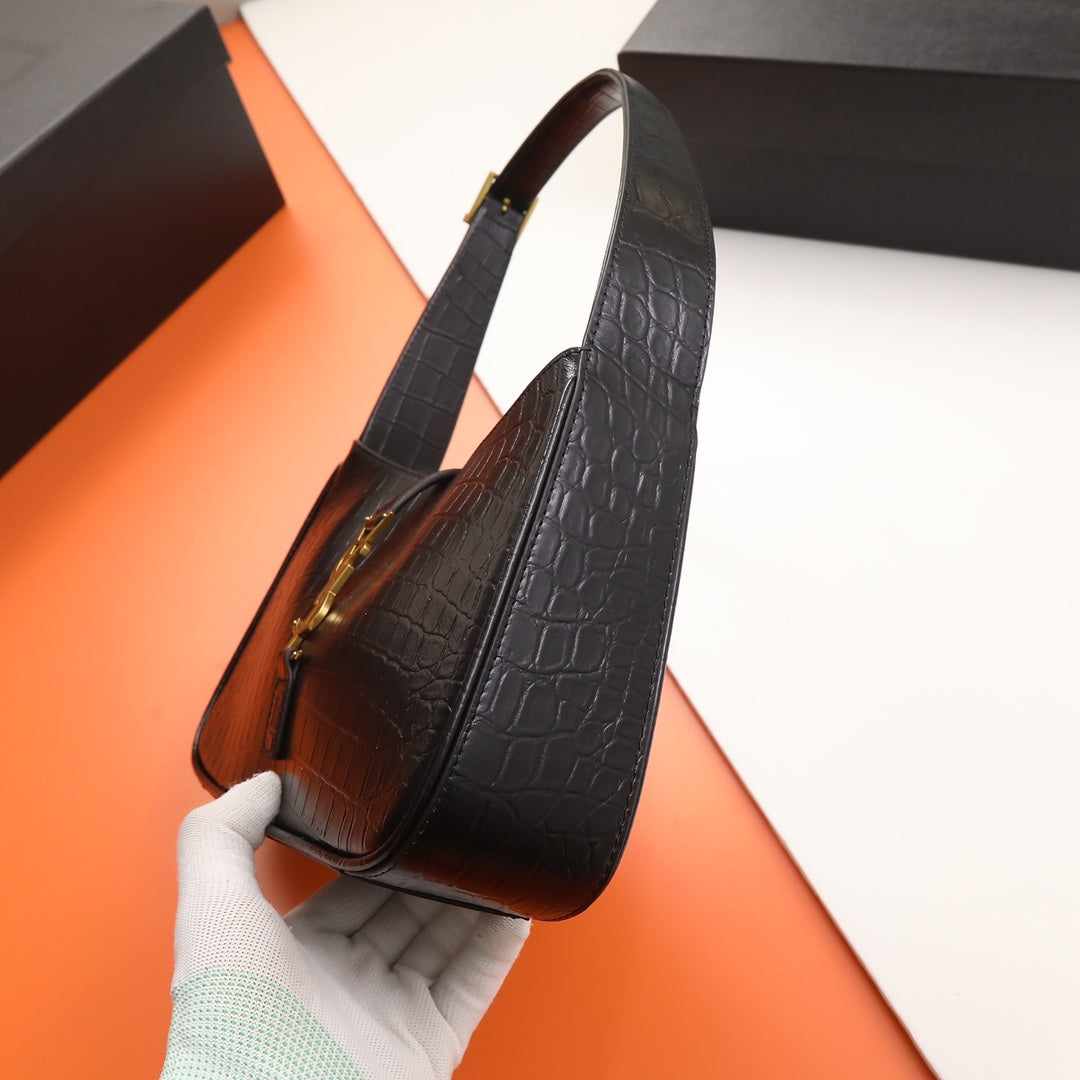 Saint Laurent Le 5 à 7 Black Crocodile-Embossed Leather Shoulder Bag