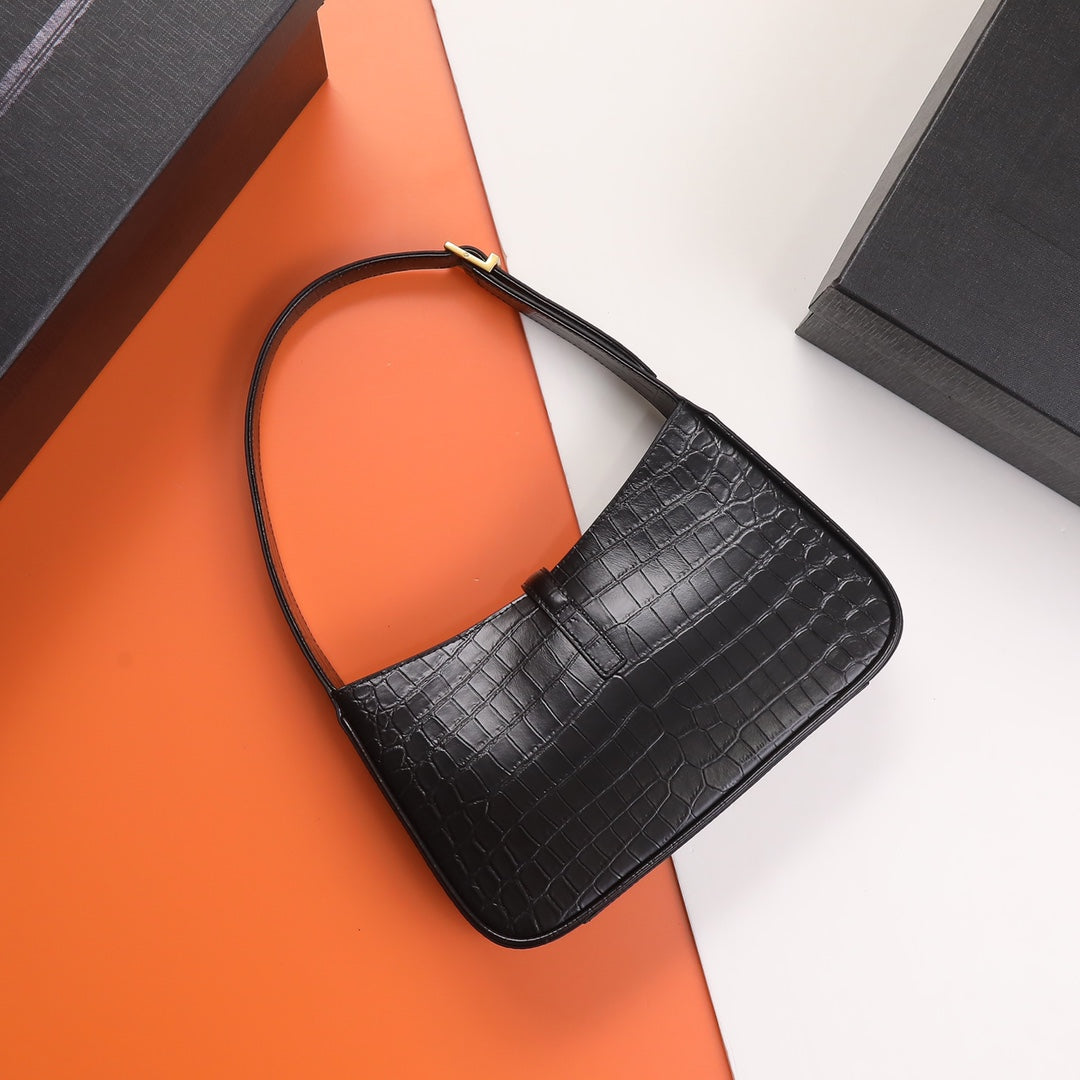 Saint Laurent Le 5 à 7 Hobo Bag in Crocodile-Embossed Leather - Black