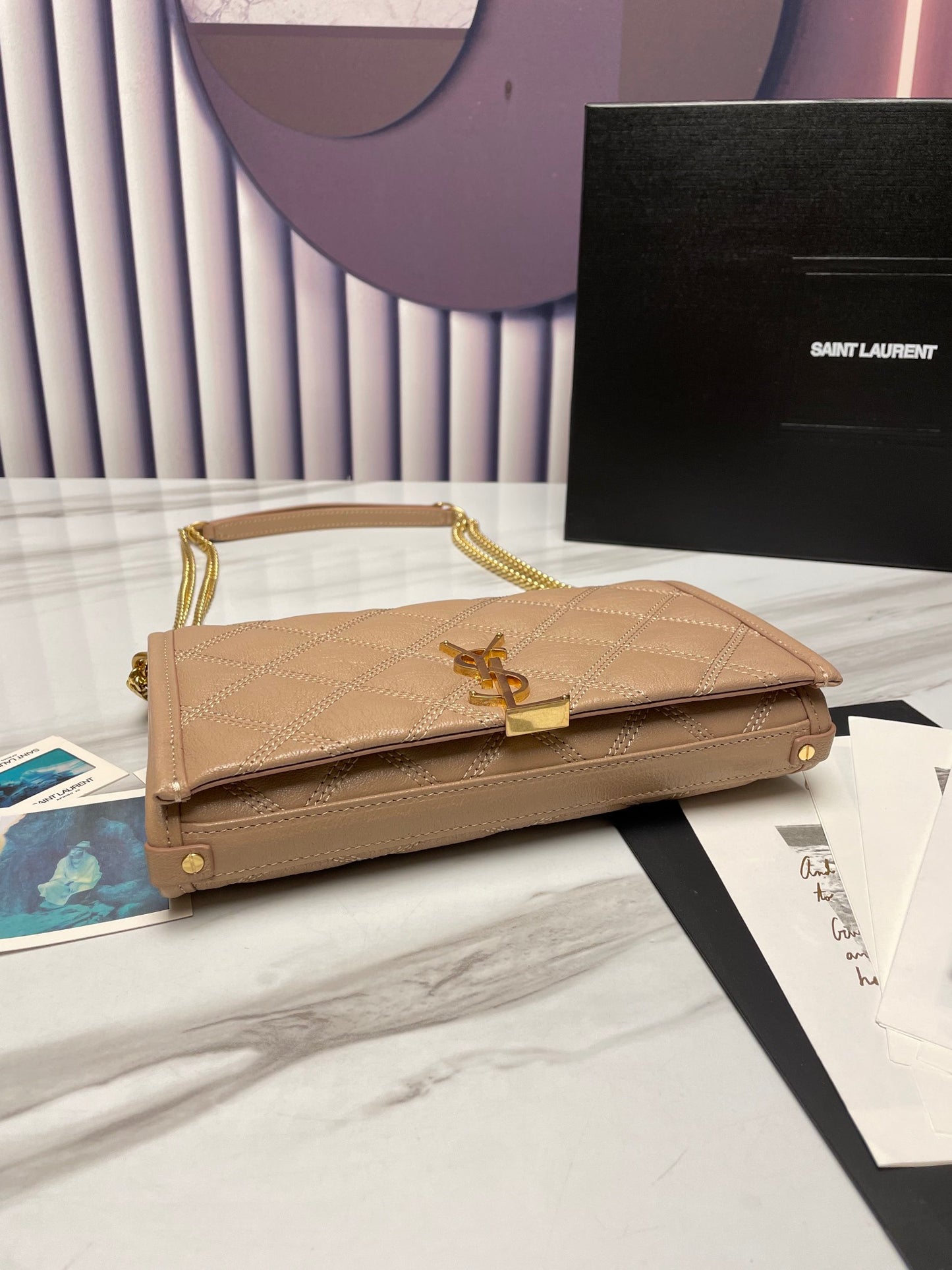 Saint Laurent Cassandre Matelassé Chain Wallet in Quilted Leather - Beige
