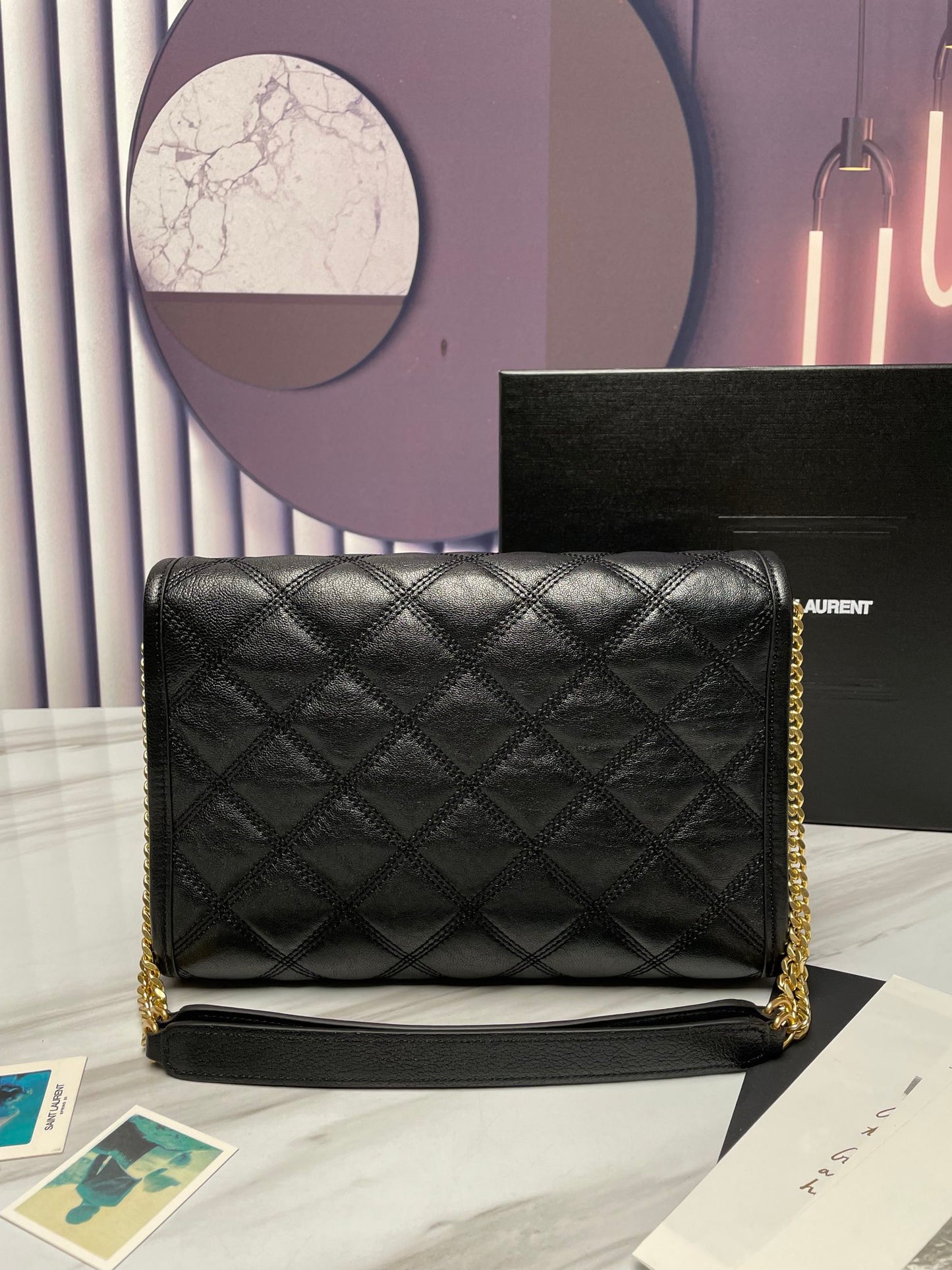Saint Laurent Black Quilted Leather Monogram Shoulder Bag with Gold Hardware