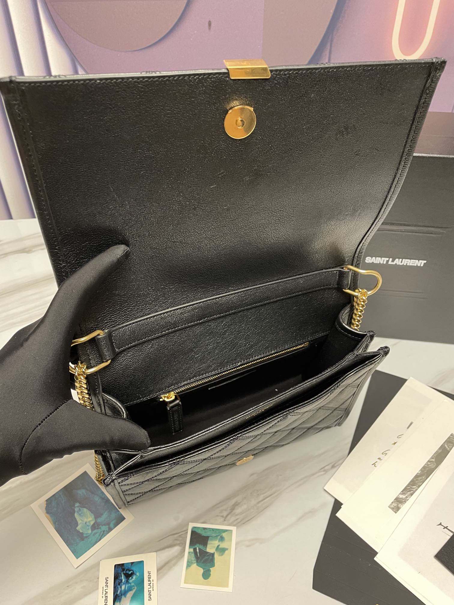 Saint Laurent Black Quilted Leather Monogram Shoulder Bag with Gold Hardware