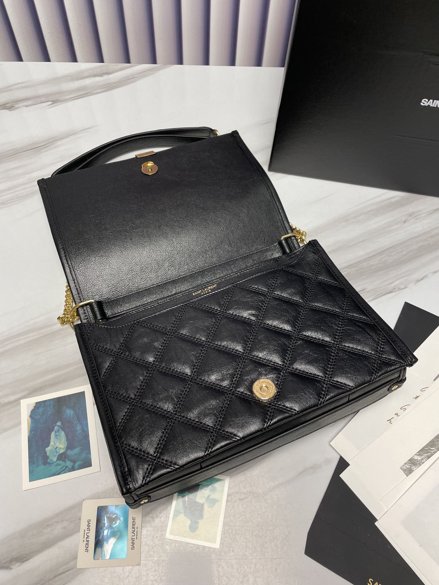 Saint Laurent Black Quilted Leather Monogram Shoulder Bag with Gold Hardware