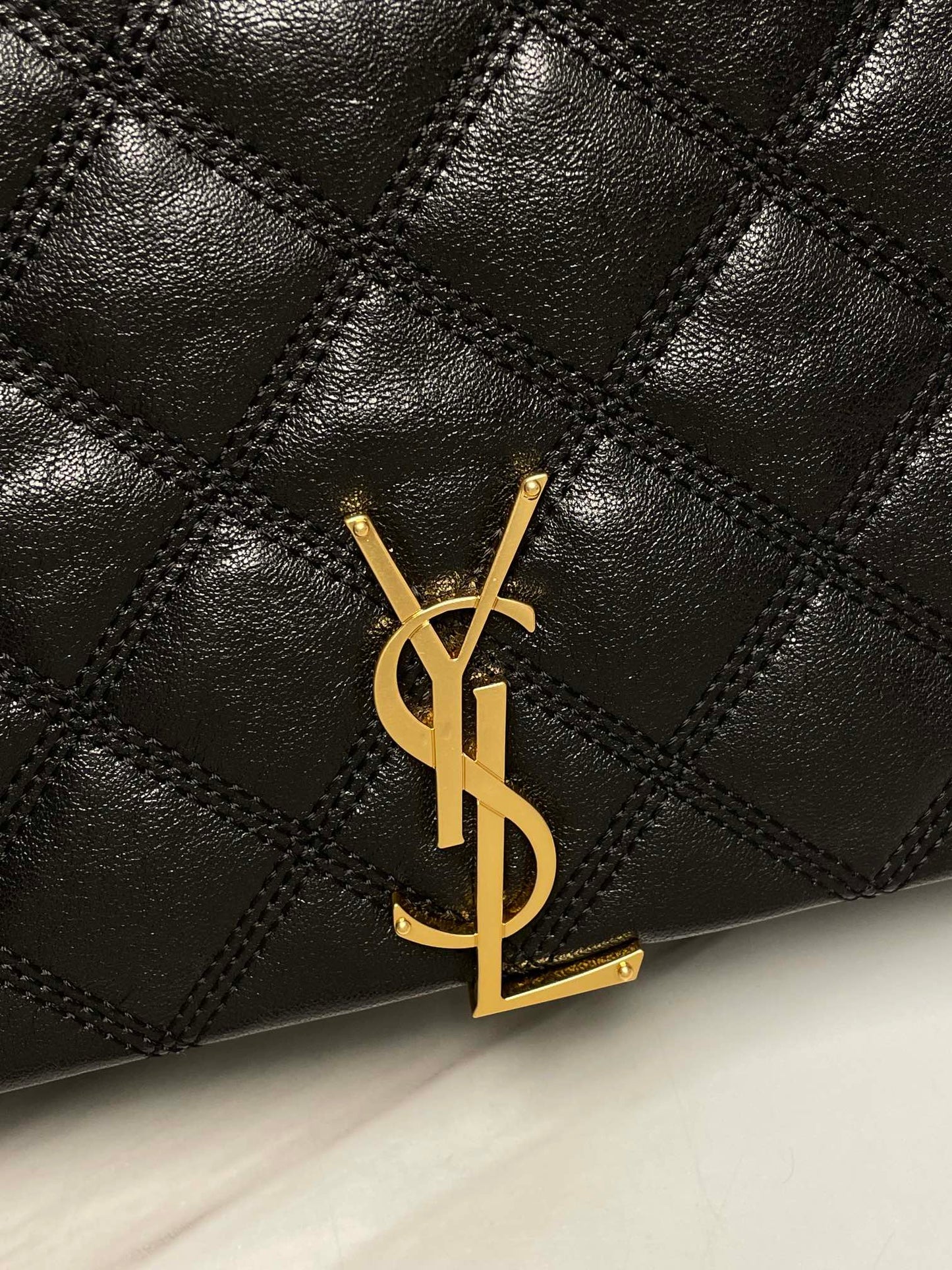 Saint Laurent Black Quilted Leather Monogram Shoulder Bag with Gold Hardware