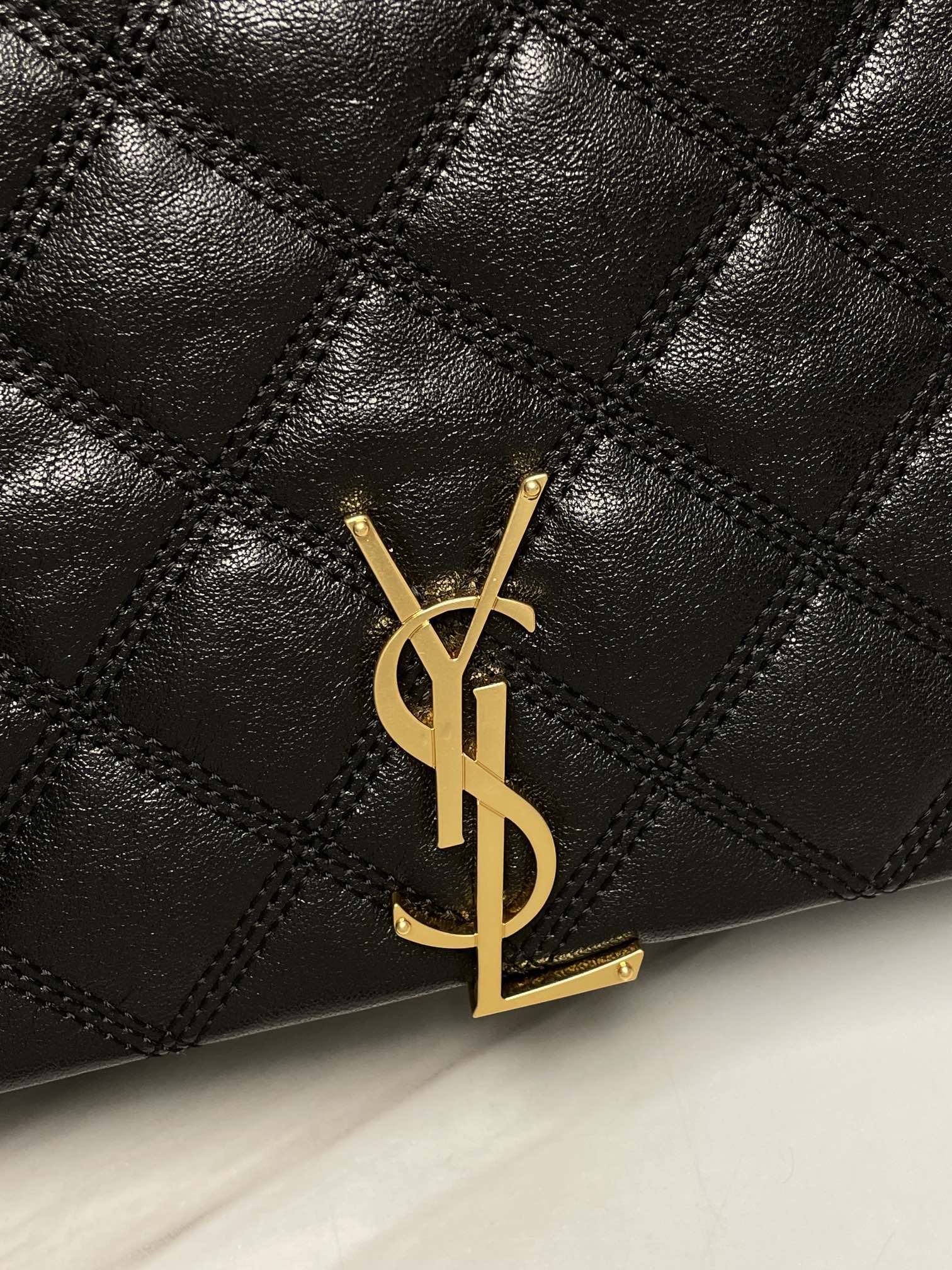 Saint Laurent Black Quilted Leather Monogram Shoulder Bag with Gold Hardware