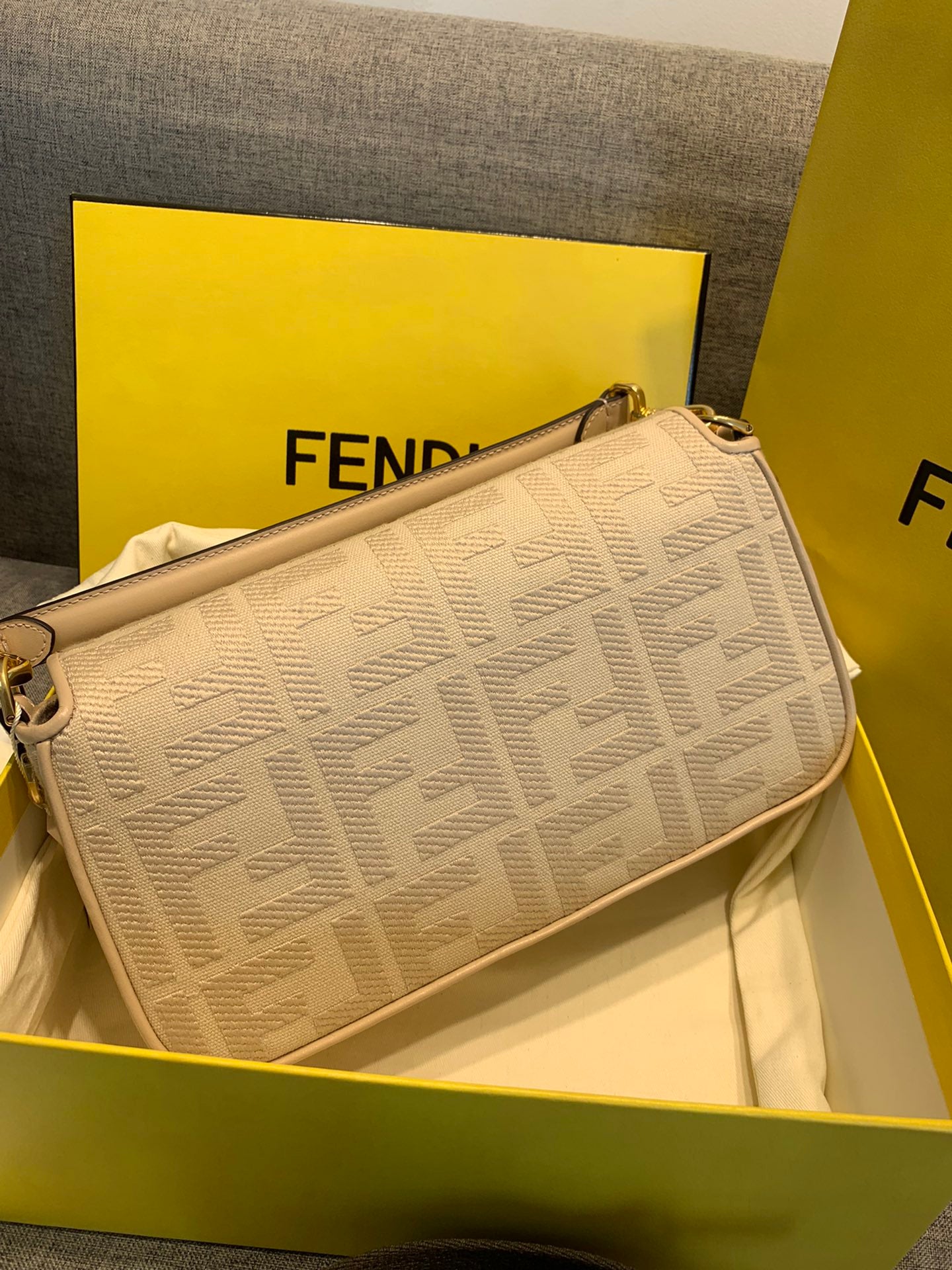 Fendi Baguette Embossed Leather Shoulder Bag - Beige/Cream