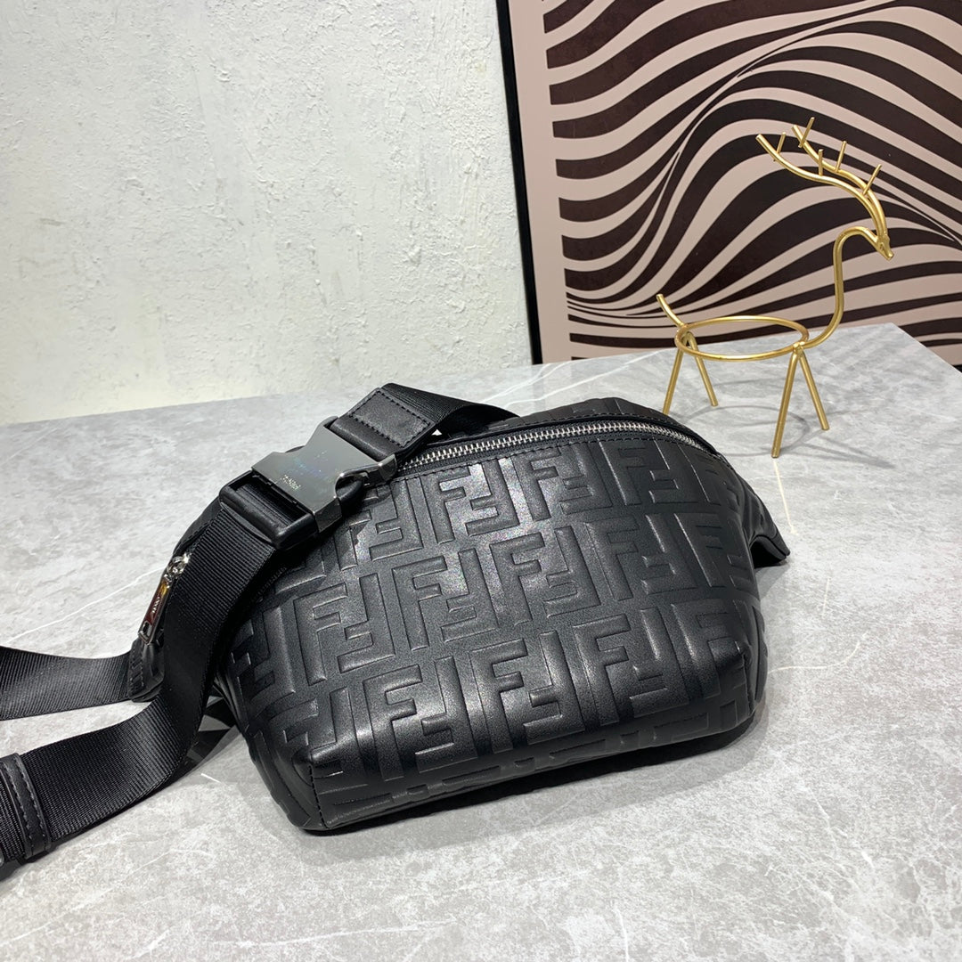 Fendi Black Embossed FF Logo Leather Belt Bag