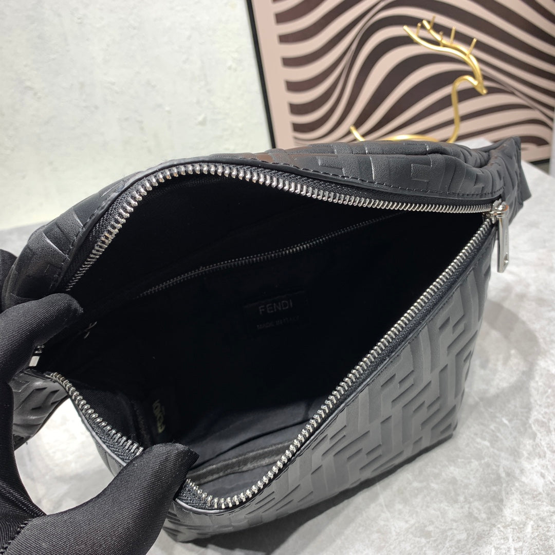 Fendi Black Embossed FF Logo Leather Belt Bag