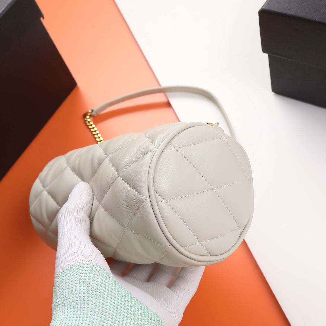 White Quilted Cylindrical Shoulder Bag with Gold Chain Strap
