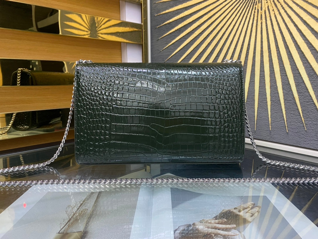 Saint Laurent Kate Medium Tassel Chain Bag in Crocodile-Embossed Leather - Dark Green