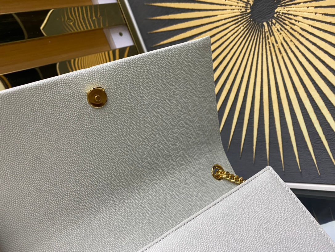 Saint Laurent Kate Tassel Medium Shoulder Bag - White Leather with Gold Hardware
