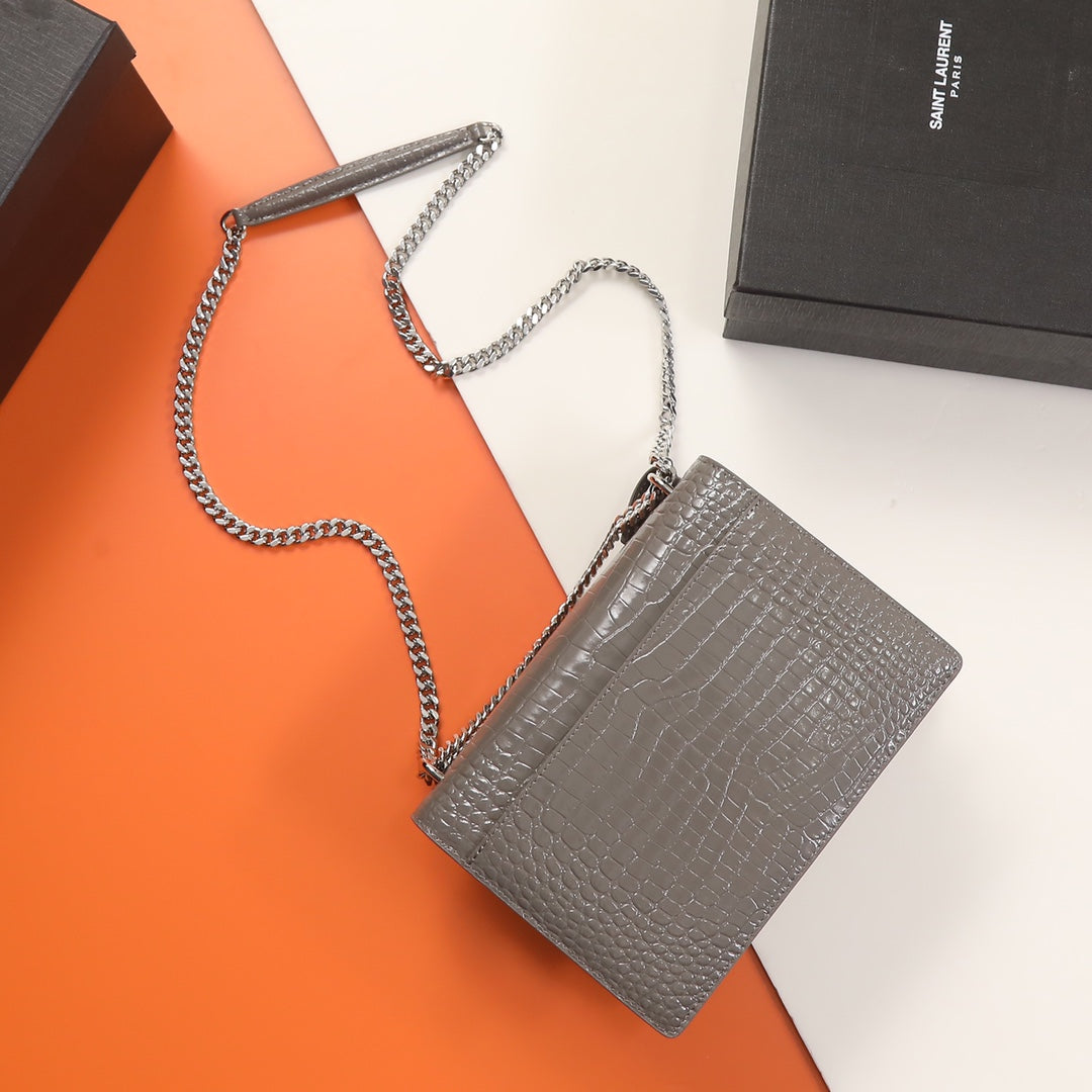 Saint Laurent Sunset Medium Shoulder Bag in Grey Croc-Embossed Leather