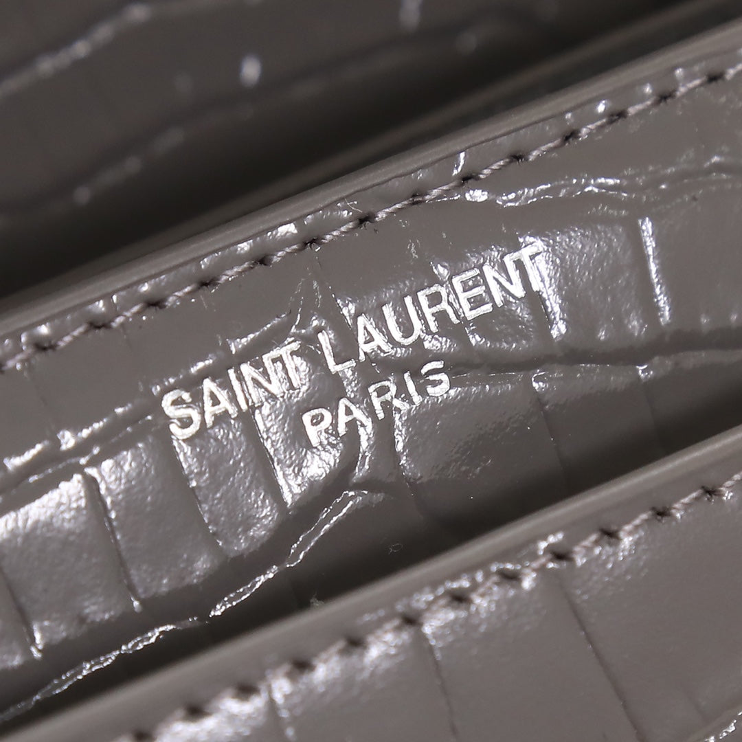 Saint Laurent Sunset Medium Shoulder Bag in Grey Croc-Embossed Leather