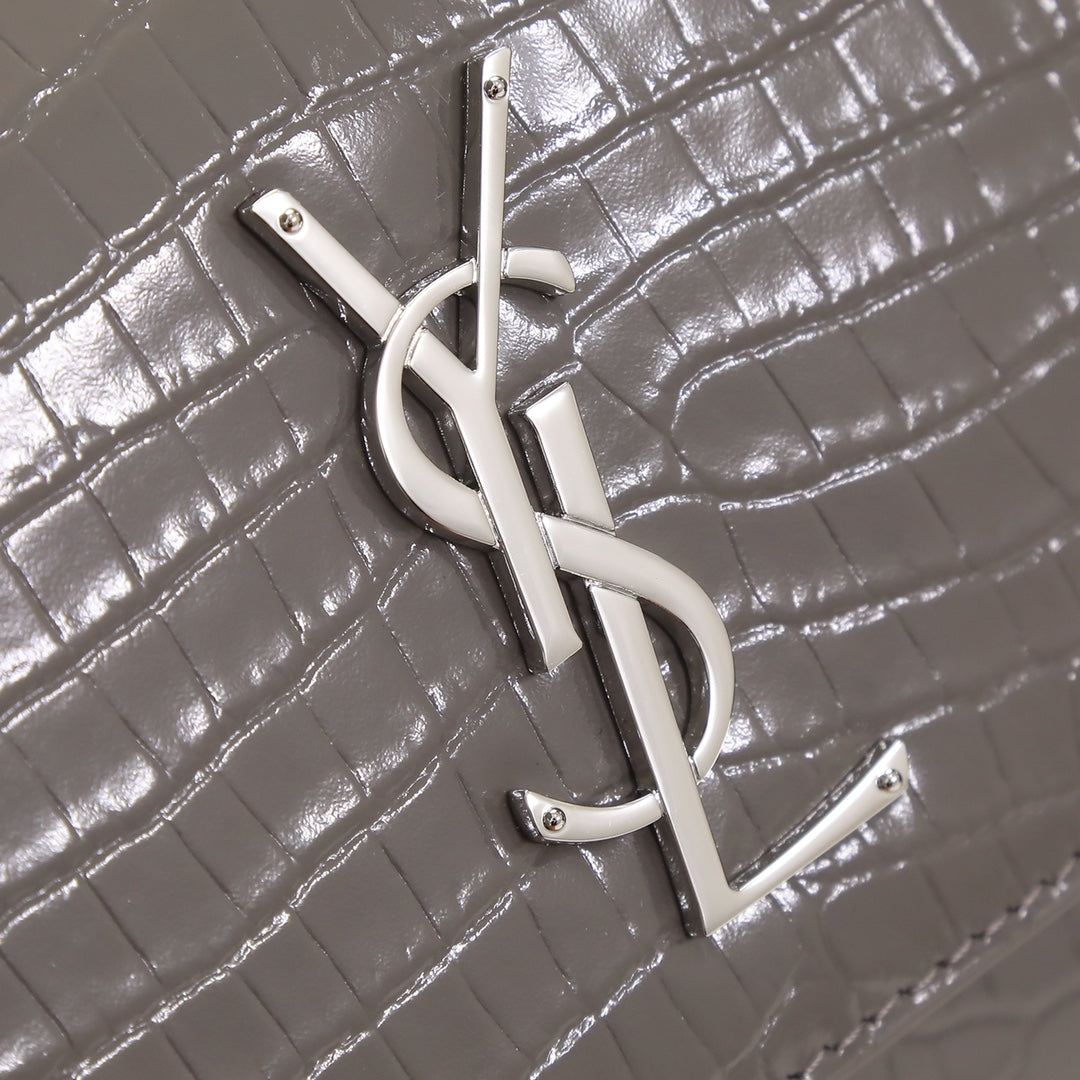 Saint Laurent Sunset Medium Shoulder Bag in Grey Croc-Embossed Leather