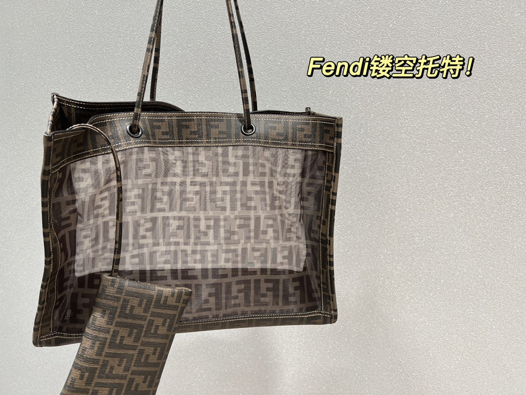 Fendi FF Monogram Perforated Brown Tote Bag with Matching Pouch