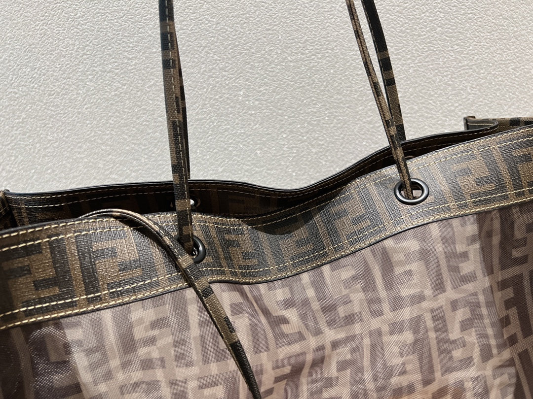 Fendi FF Monogram Mesh Tote Bag with Detachable Pouch - Brown