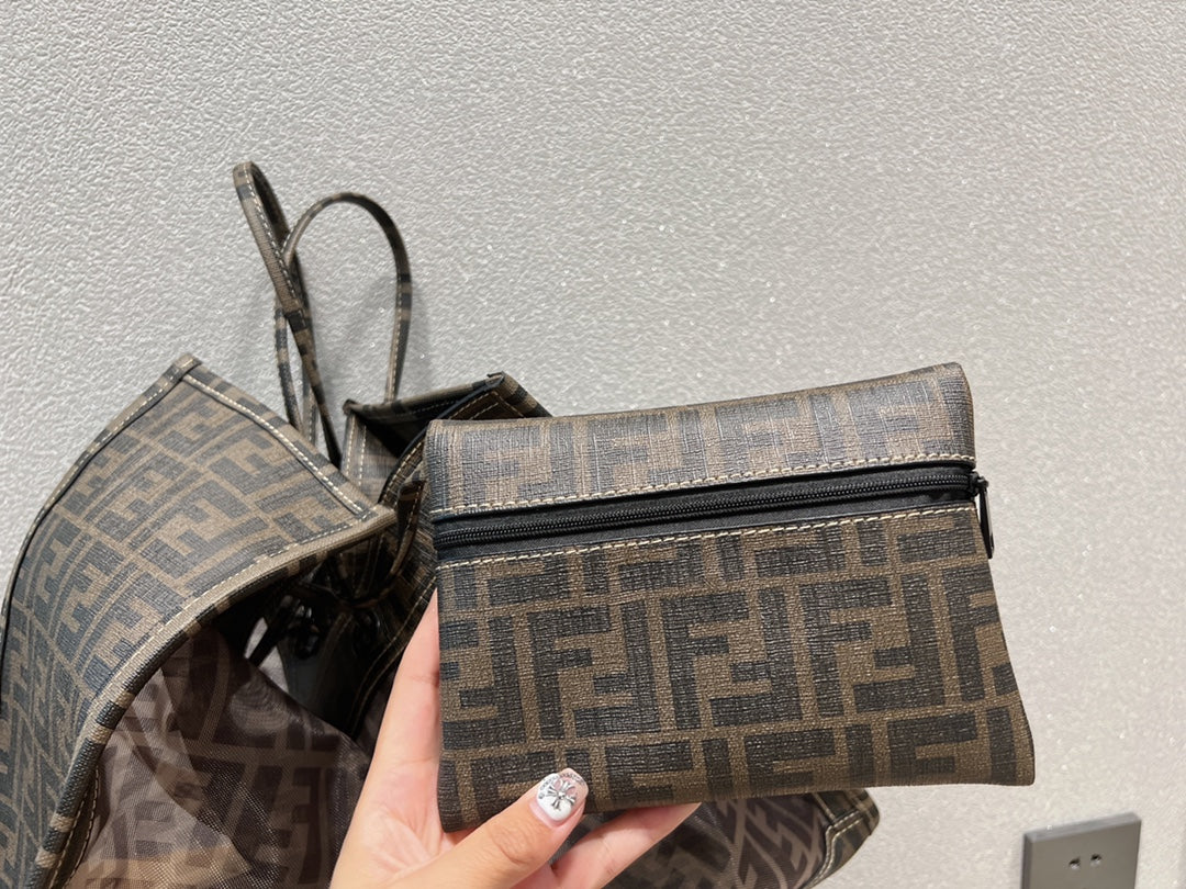 Fendi FF Monogram Mesh Tote Bag with Detachable Pouch - Brown