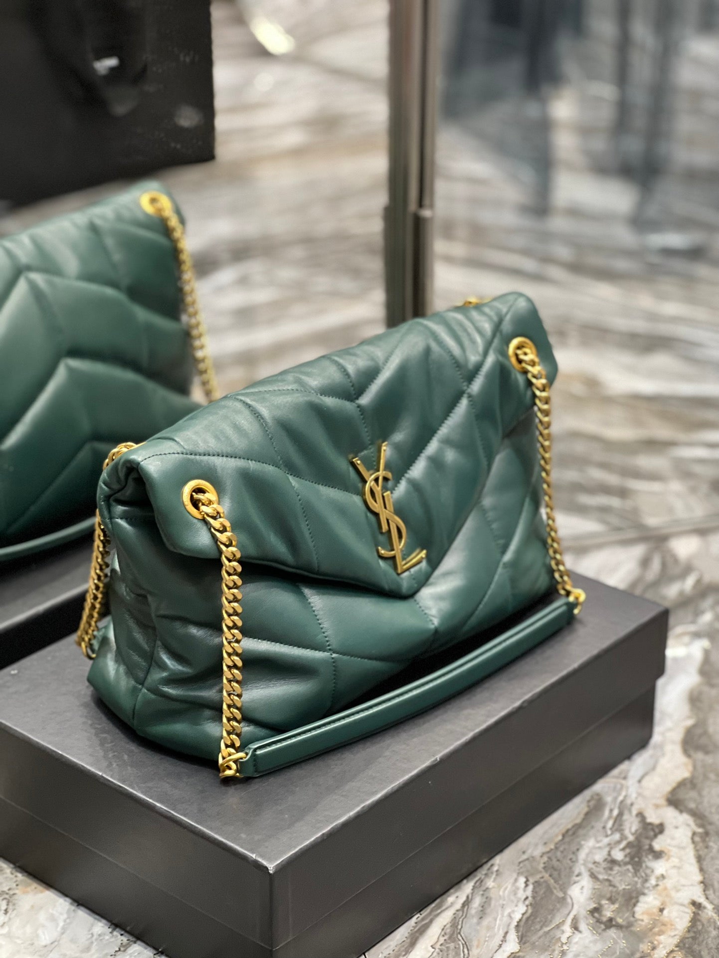 Saint Laurent Loulou Puffer Small in Quilted Lambskin - Dark Green