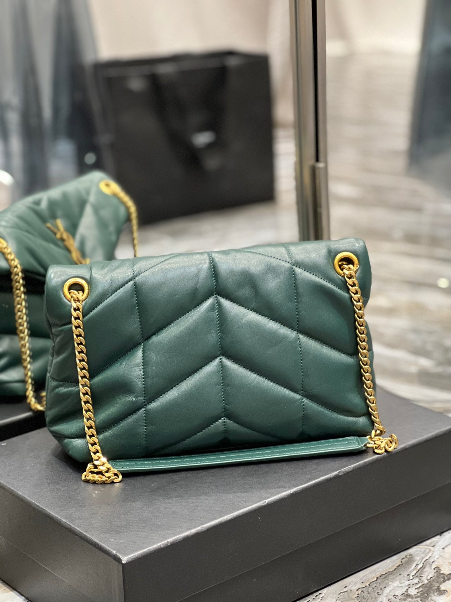 Saint Laurent Small Loulou Puffer Shoulder Bag in Dark Green Quilted Leather