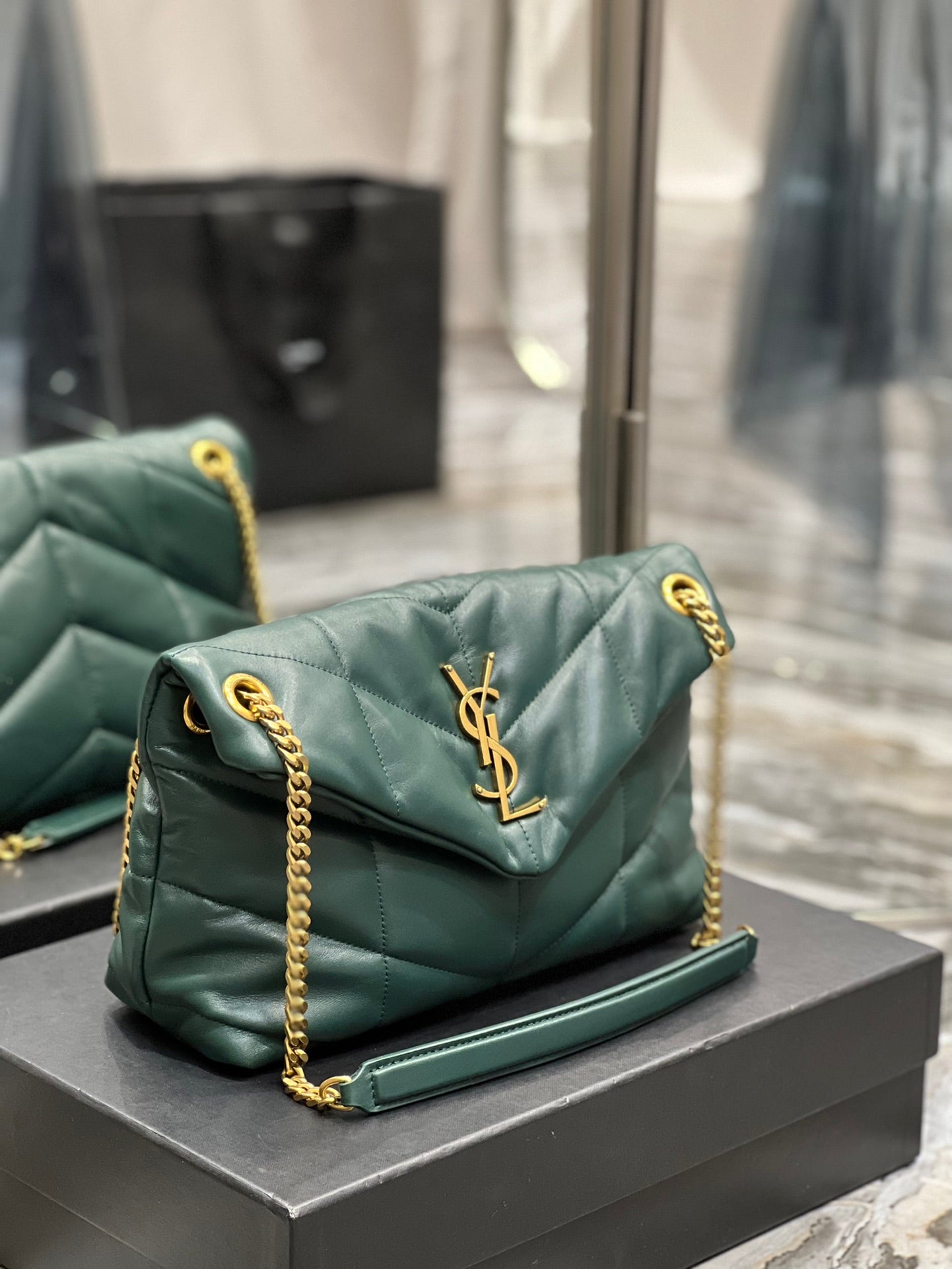 Saint Laurent Small Loulou Puffer Shoulder Bag in Dark Green Quilted Leather
