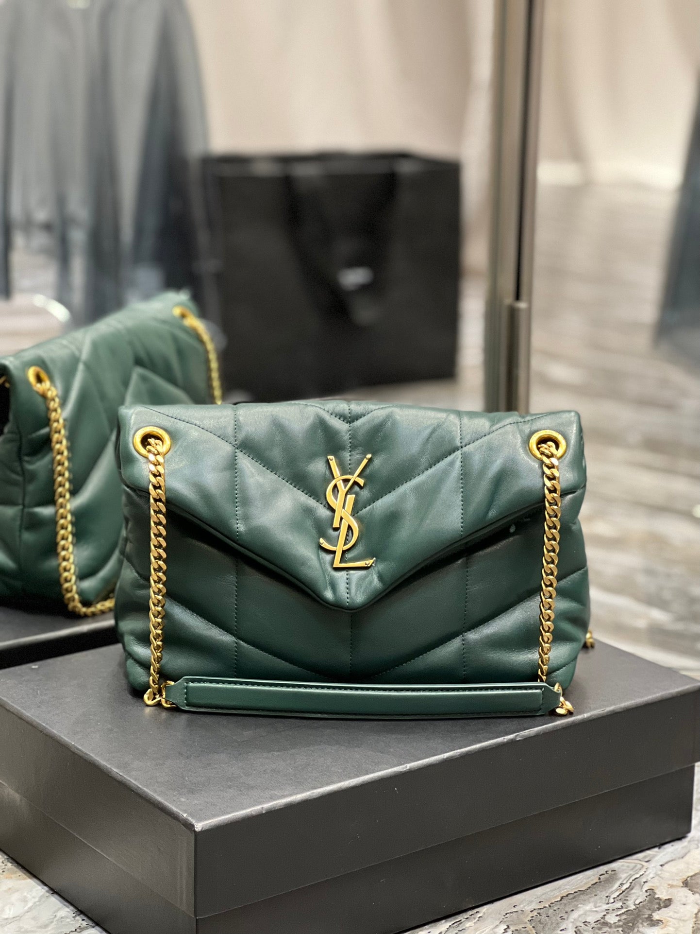 Saint Laurent Small Loulou Puffer Shoulder Bag in Dark Green Quilted Leather