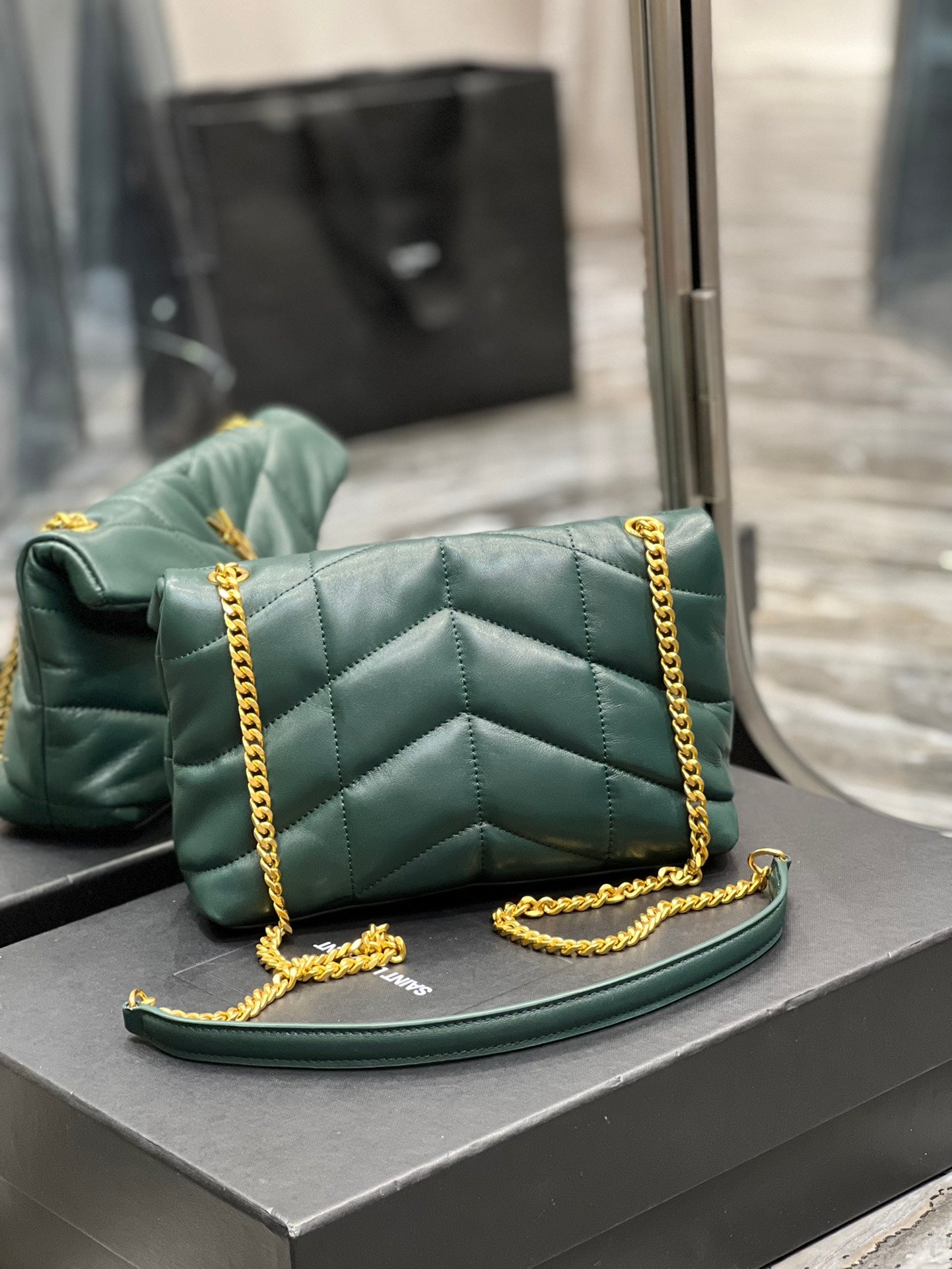 Saint Laurent Puffer Small Shoulder Bag - Dark Green Quilted Lambskin with Gold-Tone Hardware