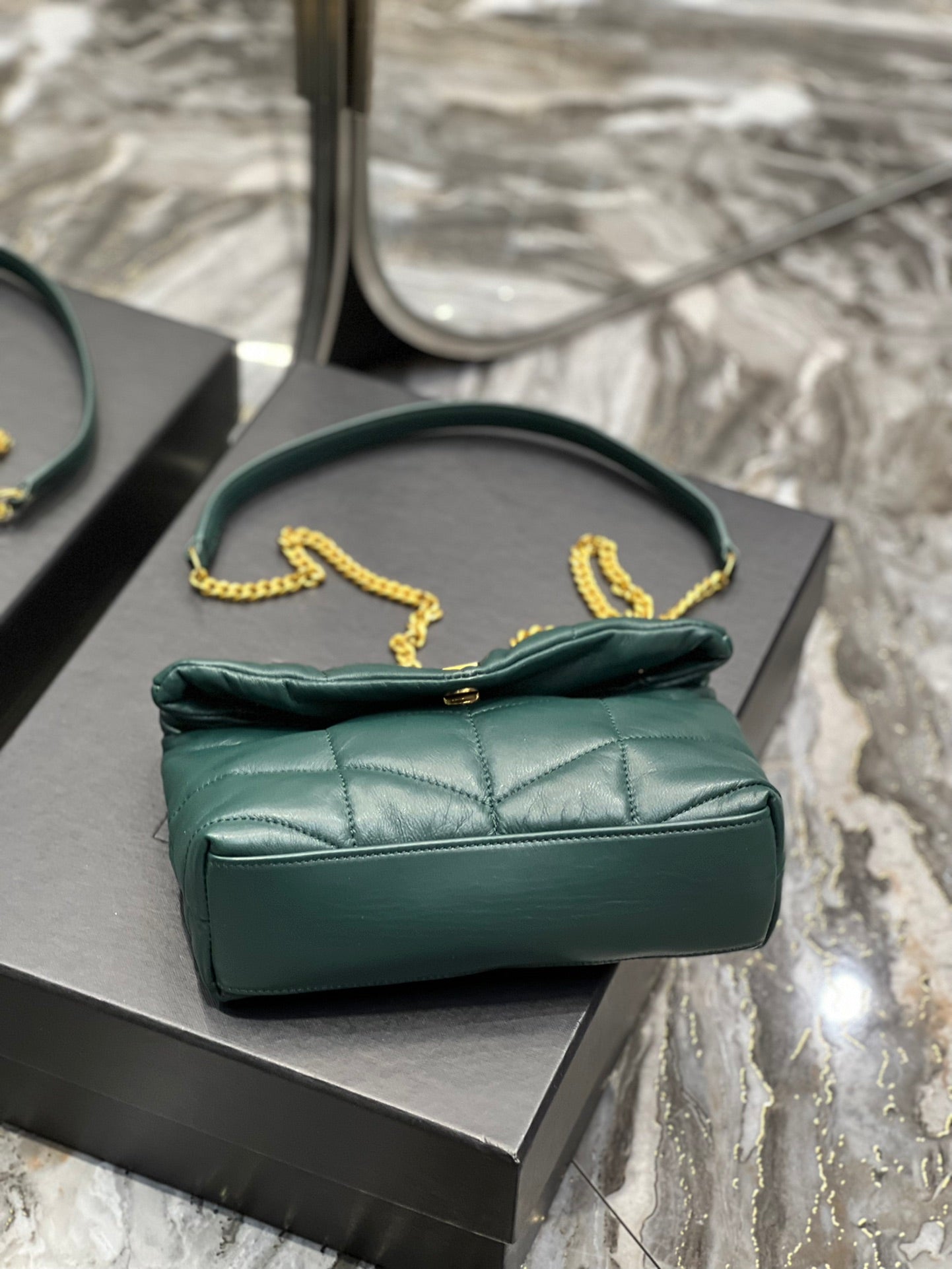 Saint Laurent Puffer Small Shoulder Bag - Dark Green Quilted Lambskin with Gold-Tone Hardware