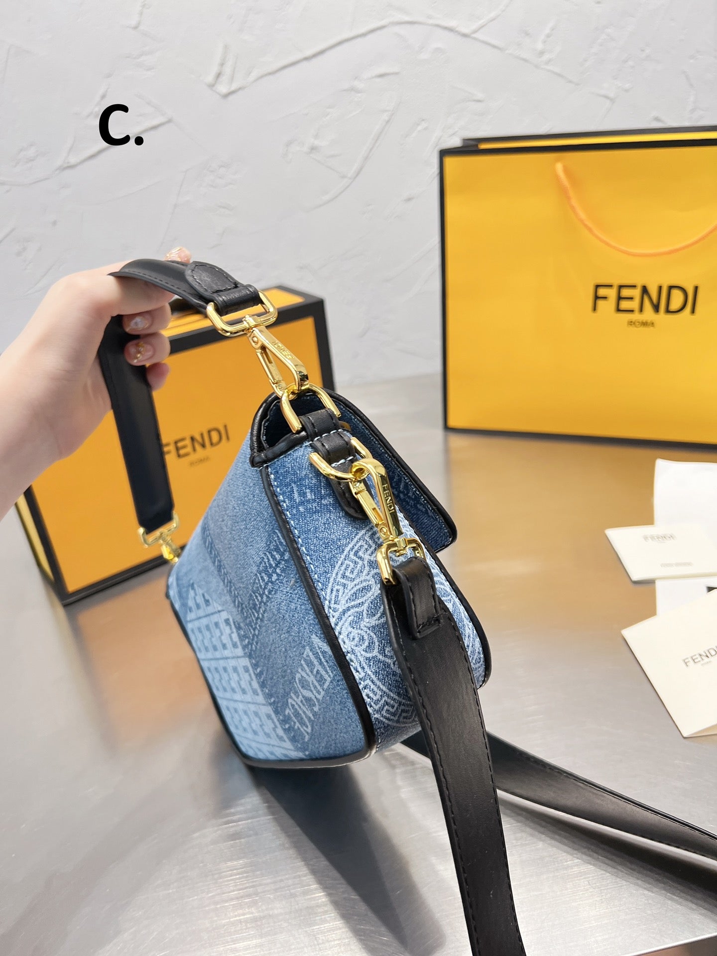 Fendace Denim Medusa Shoulder Bag - Blue Monogram Crossbody with Gold Hardware