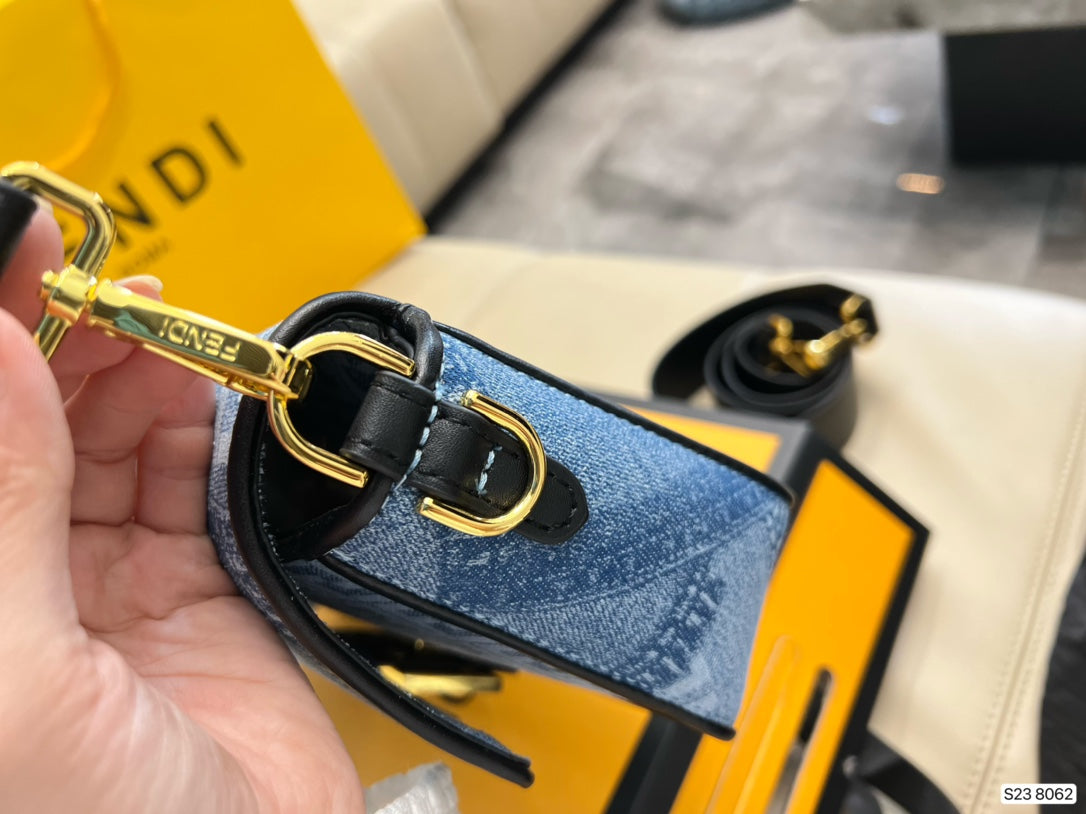 Fendace Denim Logo Shoulder Bag with Medusa Clasp