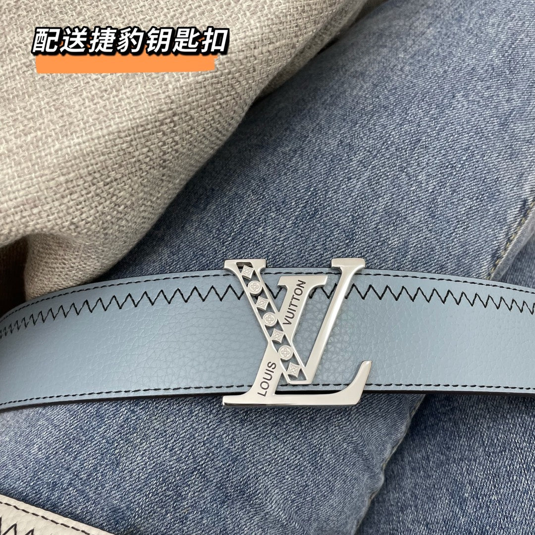 Louis Vuitton Leather Strap Keychain Bag Charm with LV Logo Buckle - Grey and Blue Pebbled Leather Accessories
