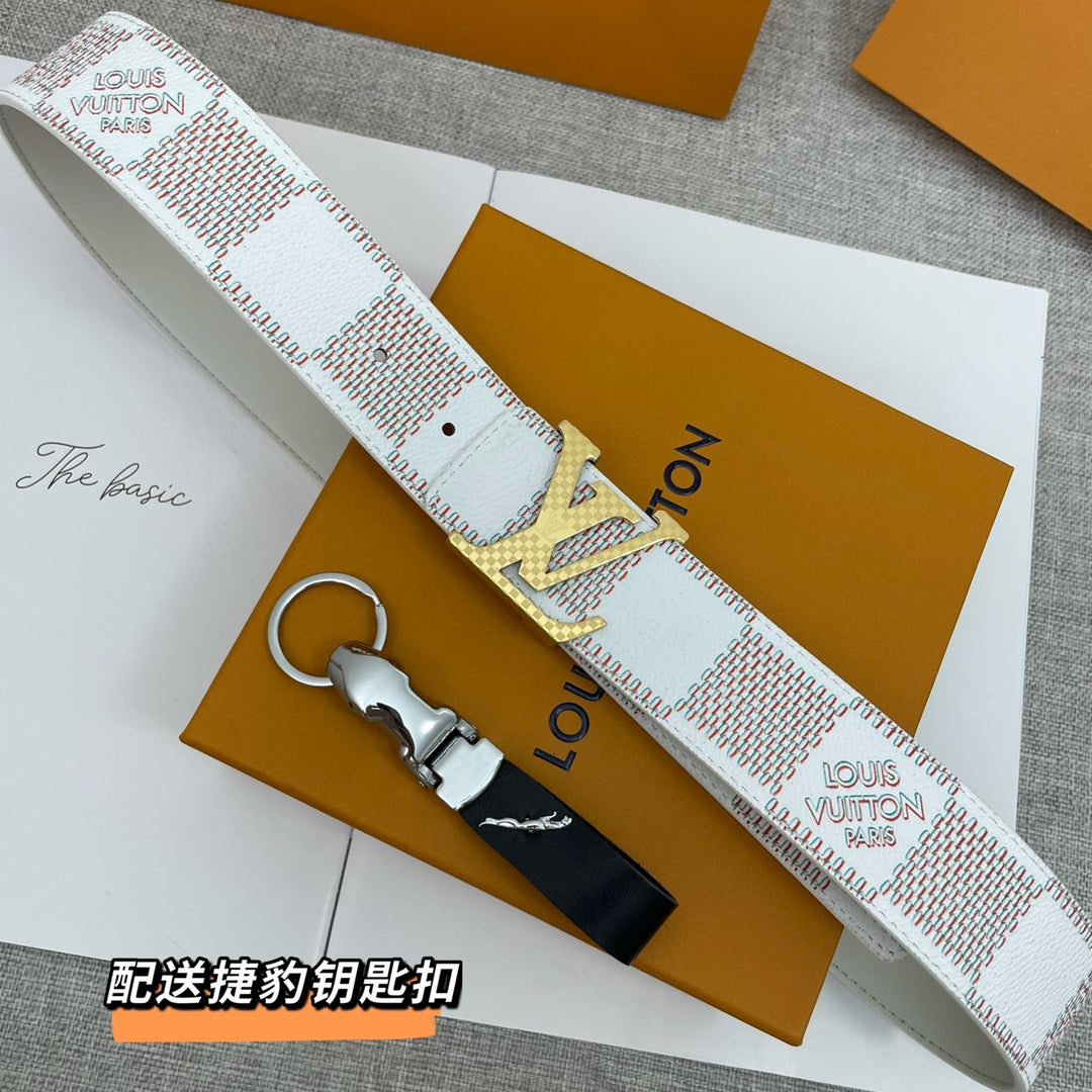 Luxury Men's Designer Style Leather Belt with Monogram and Damier Patterns, LV Style Buckle, White and Blue, Includes Bonus Keychain