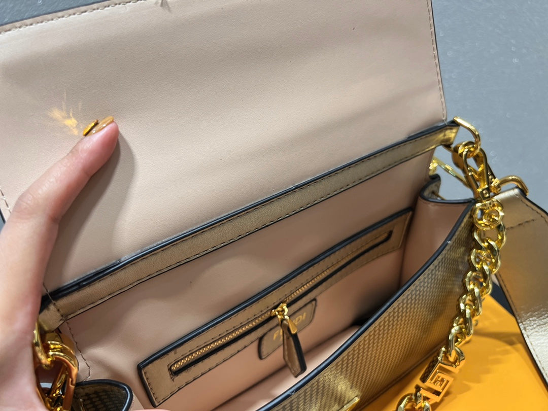 Fendace Gold-Tone Ribbed Baguette Shoulder Bag with Safety Pin Clasp