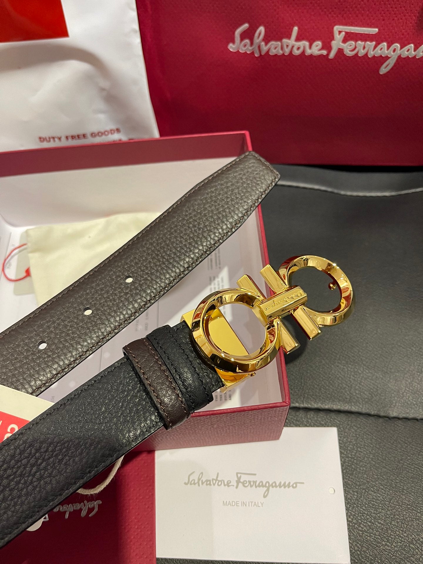 Salvatore Ferragamo Men's Gancini Reversible Leather Belt, Black with Gold-Tone Buckle