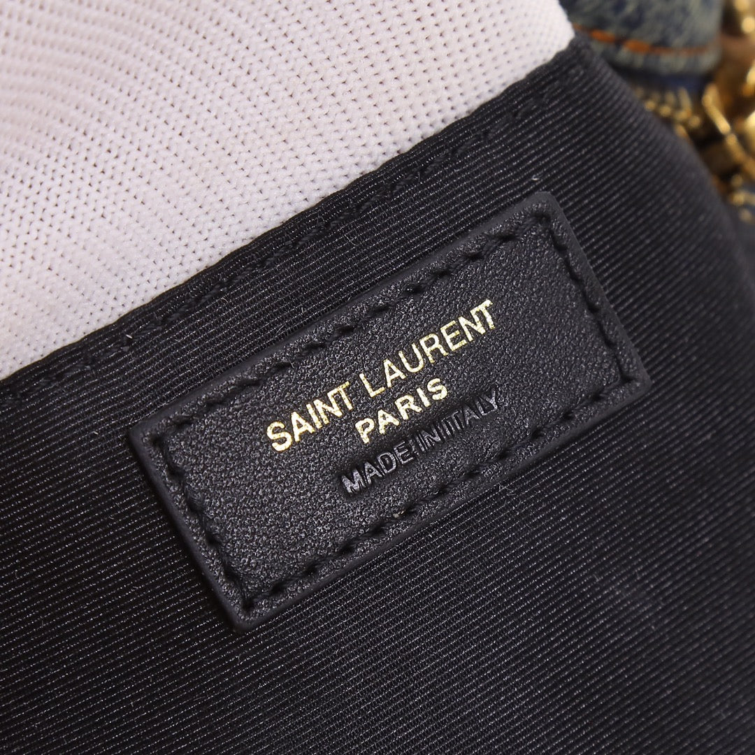 Saint Laurent Quilted Denim Bag with Gold YSL Monogram Logo