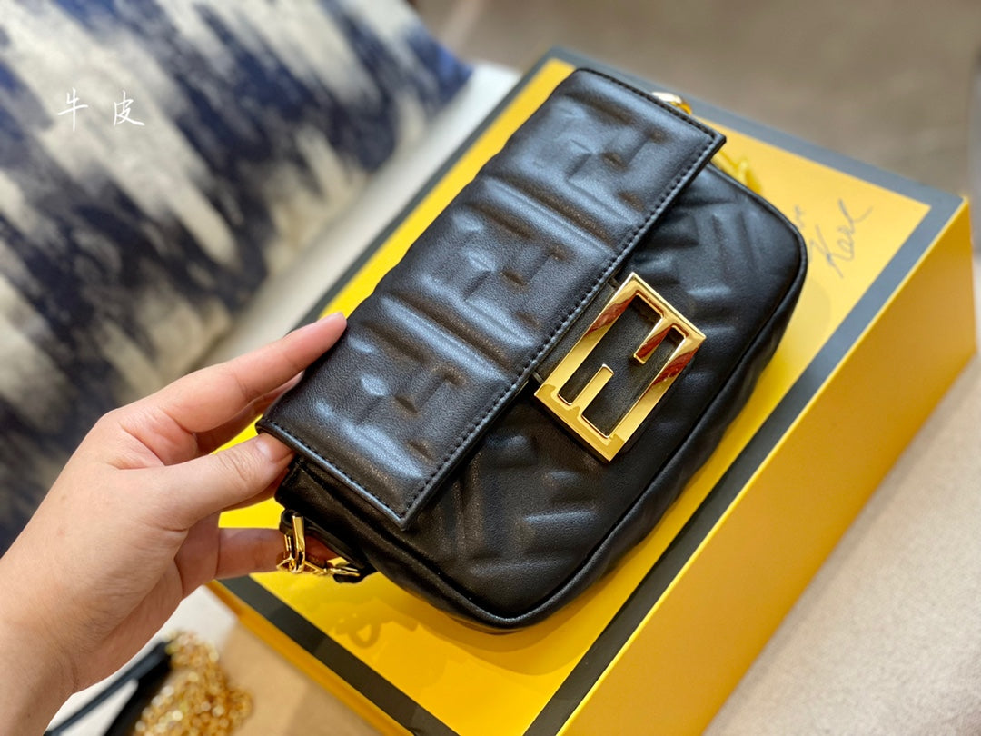 Fendi Baguette Black Embossed Leather Shoulder Bag with Gold Hardware