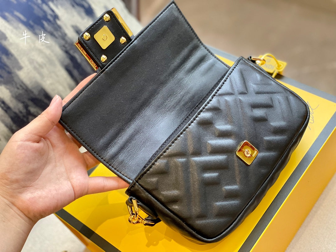 Fendi Baguette Black Embossed Leather Shoulder Bag with Gold Hardware